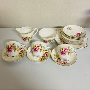 Vintage 1940s England Royal Ascot bone china tea cup and cake plates set 18pcs